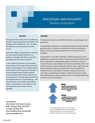 PSYCHOLOGY AND PSYCHIATRY 
                                                              Doctors of the Brain 


                        Overview                        Education 
                                                        
    Many people don’t really know the difference  The level of education is also different between a psychologist and a 
    between a psychologist and a psychiatrist. The  psychiatrist.  
    purpose of this presentation is to   introduce 
    the difference and similarities of the two         A psychologist completes an undergraduate degree and then attends 
    careers.                                           graduate school. A minimum requirement to be a professional is a 
                                                       PhD or a Psy.D and it typically requires four to five years to finish 
    Both psychologists and psychiatrists can treat  schooling.  
    the same type of people (whether it is a     
    phobia or schizophrenia); both can perform     A psychiatrist on the other hand takes a different approach. Since a 
    psychotherapy and conduct research.                psychiatrist is a physician, she/he is required to attend medical school 
                                                       after completing an undergraduate degree. The first two years of 
    A major difference between a psychologist          medical school are spent taking science courses and being in labs. The 
    and psychiatrist is the type of education they     next two years are used working with patients under supervision and 
    obtain. A psychologist is not a medical doctor  becoming familiar with the psychiatry field. Upon completion of 
    and therefore cannot prescribe medication.  If  medical school, an internship or residency is required. Once the 
    the psychologist decides his/her patient’s          internship is completed, the student is allowed to take the United 
    needs medication then he/she will refer him        States Medical Exam. After passing the exam,  the student will be able 
    to a psychiatrist. The main type treatment of a    to obtain a license and practice.  
    psychologist performs is psychotherapy.  They 
    also administer and evaluate psychological 
    exams.  A psychiatrist is more likely to work 
    with people who have severe mental  
    disorders.  




    Erica Rodriguez  
    UNLV Libraries Peer Research Coaches 
    4505 S. Maryland Pkwy, Box 457014 
                                                                     For more information on the on the two careers
    Las Vegas, NV 89154‐7014                                         visit the United States Bureau of Labor Statistics at
    Phone 702.895.2118 Fax 702.895.2284                              <http://www.bls.gov> and the Nevada Career
    library.coaches@unlv.edu                                         Information System <http://nvcis.intocareers.org>




Spring 2010 
 