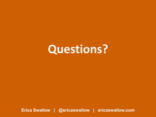 Questions?



Erica Swallow | @ericaswallow | ericaswallow.com
 
