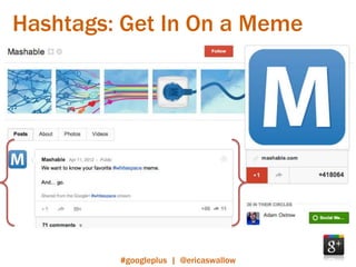 Hashtags: Get In On a Meme




         #googleplus | @ericaswallow
 