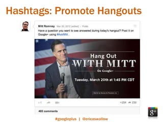 Hashtags: Promote Hangouts




         #googleplus | @ericaswallow
 