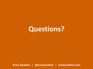 Questions?



Erica Swallow | @ericaswallow | ericaswallow.com
 