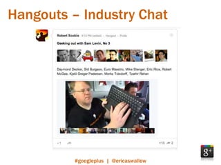 Hangouts – Industry Chat




          #googleplus | @ericaswallow
 