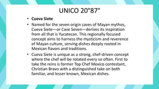 UNICO 20°87°
• Cueva Siete
• Named for the seven origin caves of Mayan mythos,
Cueva Siete—or Cave Seven—derives its inspiration
from all that is Yucatecan. This regionally focused
concept aims to harness the mysticism and reverence
of Mayan culture, serving dishes deeply rooted in
Mexican flavors and traditions.
• Cueva Siete is unique as a strong, chef-driven concept
where the chef will be rotated every so often. First to
take the reins is former Top Chef Mexico contestant,
Christian Bravo with a distinguished take on both
familiar, and lesser known, Mexican dishes.
 