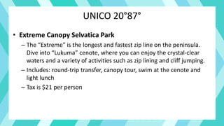 UNICO 20°87°
• Extreme Canopy Selvatica Park
– The “Extreme” is the longest and fastest zip line on the peninsula.
Dive into “Lukuma” cenote, where you can enjoy the crystal-clear
waters and a variety of activities such as zip lining and cliff jumping.
– Includes: round-trip transfer, canopy tour, swim at the cenote and
light lunch
– Tax is $21 per person
 