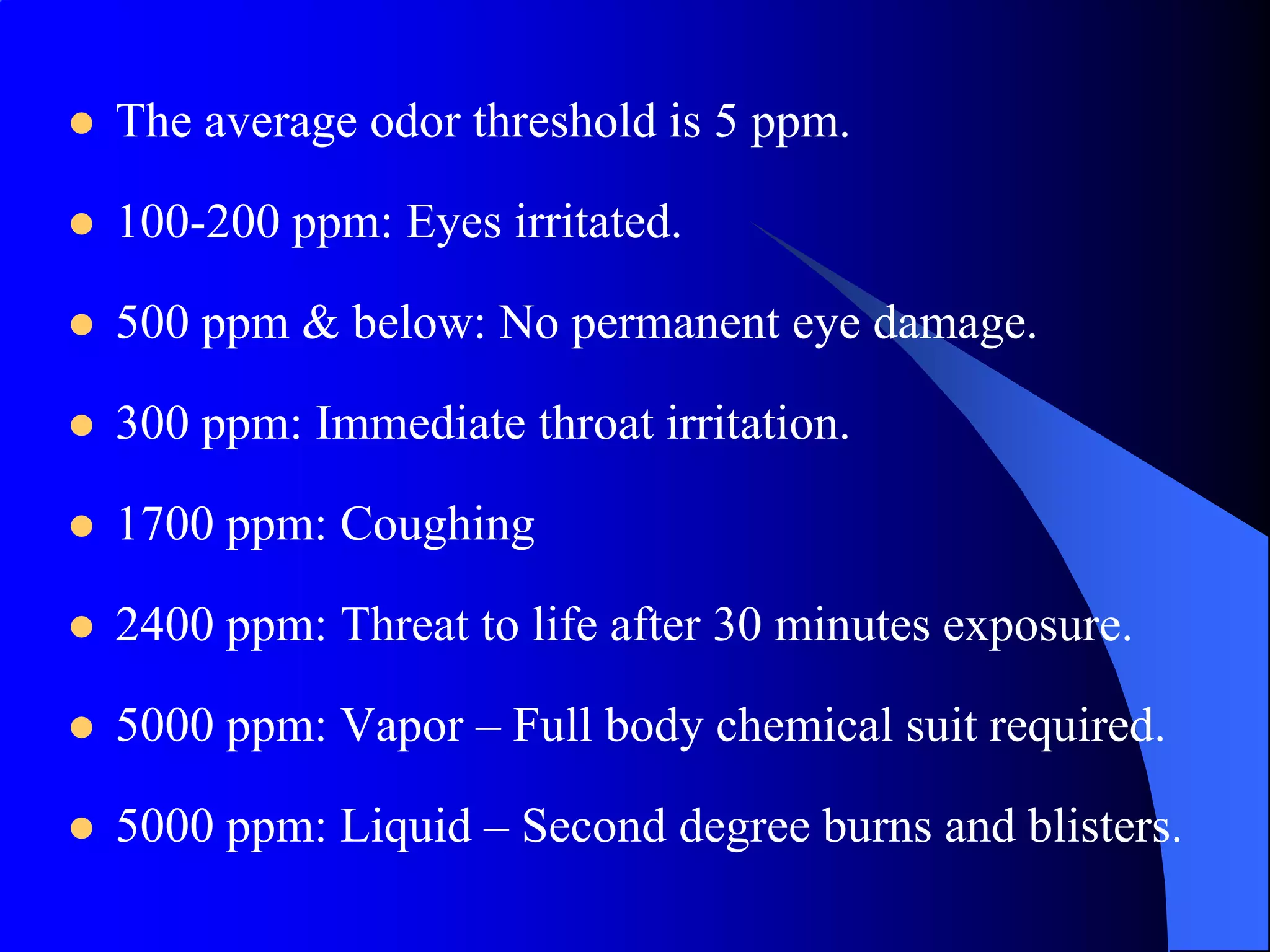    The average odor threshold is 5 ppm.

   100-200 ppm: Eyes irritated.

   500 ppm & below: No permanent eye damage.

   300 ppm: Immediate throat irritation.

   1700 ppm: Coughing

   2400 ppm: Threat to life after 30 minutes exposure.

   5000 ppm: Vapor – Full body chemical suit required.

   5000 ppm: Liquid – Second degree burns and blisters.
 