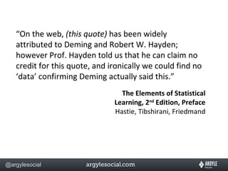“ On the web,  (this quote)  has been widely attributed to Deming and Robert W. Hayden; however Prof. Hayden told us that he can claim no credit for this quote, and ironically we could find no ‘data’ confirming Deming actually said this.” The Elements of Statistical Learning, 2 nd  Edition, Preface Hastie, Tibshirani, Friedmand 