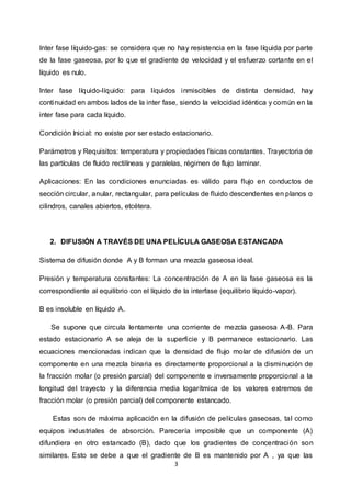 3
Inter fase líquido-gas: se considera que no hay resistencia en la fase líquida por parte
de la fase gaseosa, por lo que el gradiente de velocidad y el esfuerzo cortante en el
líquido es nulo.
Inter fase líquido-líquido: para líquidos inmiscibles de distinta densidad, hay
continuidad en ambos lados de la inter fase, siendo la velocidad idéntica y común en la
inter fase para cada líquido.
Condición Inicial: no existe por ser estado estacionario.
Parámetros y Requisitos: temperatura y propiedades físicas constantes. Trayectoria de
las partículas de fluido rectilíneas y paralelas, régimen de flujo laminar.
Aplicaciones: En las condiciones enunciadas es válido para flujo en conductos de
sección circular, anular, rectangular, para películas de fluido descendentes en planos o
cilindros, canales abiertos, etcétera.
2. DIFUSIÓN A TRAVÉS DE UNA PELÍCULA GASEOSA ESTANCADA
Sistema de difusión donde A y B forman una mezcla gaseosa ideal.
Presión y temperatura constantes: La concentración de A en la fase gaseosa es la
correspondiente al equilibrio con el líquido de la interfase (equilibrio líquido-vapor).
B es insoluble en líquido A.
Se supone que circula lentamente una corriente de mezcla gaseosa A-B. Para
estado estacionario A se aleja de la superficie y B permanece estacionario. Las
ecuaciones mencionadas indican que la densidad de flujo molar de difusión de un
componente en una mezcla binaria es directamente proporcional a la disminución de
la fracción molar (o presión parcial) del componente e inversamente proporcional a la
longitud del trayecto y la diferencia media logarítmica de los valores extremos de
fracción molar (o presión parcial) del componente estancado.
Estas son de máxima aplicación en la difusión de películas gaseosas, tal como
equipos industriales de absorción. Parecería imposible que un componente (A)
difundiera en otro estancado (B), dado que los gradientes de concentración son
similares. Esto se debe a que el gradiente de B es mantenido por A , ya que las
 
