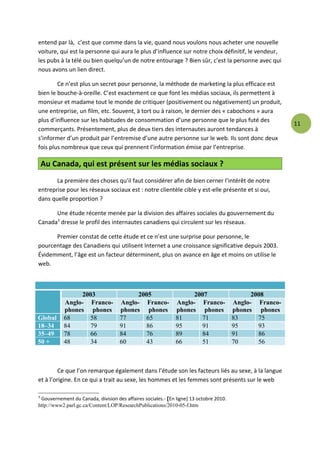 entend par là, c’est que comme dans la vie, quand nous voulons nous acheter une nouvelle
voiture, qui est la personne qui aura le plus d’influence sur notre choix définitif, le vendeur,
les pubs à la télé ou bien quelqu’un de notre entourage ? Bien sûr, c’est la personne avec qui
nous avons un lien direct.

        Ce n’est plus un secret pour personne, la méthode de marketing la plus efficace est
bien le bouche-à-oreille. C’est exactement ce que font les médias sociaux, ils permettent à
monsieur et madame tout le monde de critiquer (positivement ou négativement) un produit,
une entreprise, un film, etc. Souvent, à tort ou à raison, le dernier des « cabochons » aura
plus d’influence sur les habitudes de consommation d’une personne que le plus futé des
                                                                                                         11
commerçants. Présentement, plus de deux tiers des internautes auront tendances à
s’informer d’un produit par l’entremise d’une autre personne sur le web. Ils sont donc deux
fois plus nombreux que ceux qui prennent l’information émise par l’entreprise.

    Au Canada, qui est présent sur les médias sociaux ?
       La première des choses qu’il faut considérer afin de bien cerner l’intérêt de notre
entreprise pour les réseaux sociaux est : notre clientèle cible y est-elle présente et si oui,
dans quelle proportion ?

      Une étude récente menée par la division des affaires sociales du gouvernement du
Canada3 dresse le profil des internautes canadiens qui circulent sur les réseaux.

      Premier constat de cette étude et ce n’est une surprise pour personne, le
pourcentage des Canadiens qui utilisent Internet a une croissance significative depuis 2003.
Évidemment, l’âge est un facteur déterminent, plus on avance en âge et moins on utilise le
web.



                2003                      2005                     2007                       2008
           Anglo- Franco-           Anglo- Franco-            Anglo- Franco-            Anglo- Franco-
           phones phones            phones phones             phones phones             phones phones
Global     68     58                77      65                81     71                 83      75
18–34      84     79                91      86                95     91                 95      93
35–49      78     66                84      76                89     84                 91      86
50 +       48     34                60      43                66     51                 70      56



         Ce que l’on remarque également dans l’étude son les facteurs liés au sexe, à la langue
et à l’origine. En ce qui a trait au sexe, les hommes et les femmes sont présents sur le web

3
 Gouvernement du Canada, division des affaires sociales.- [En ligne] 13 octobre 2010.
http://www2.parl.gc.ca/Content/LOP/ResearchPublications/2010-05-f.htm
 