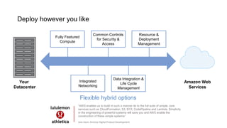 Deploy however you like
Your
Datacenter
Amazon Web
Services
Fully Featured
Compute
Resource &
Deployment
Management
Common Controls
for Security &
Access
Integrated
Networking
Data Integration &
Life Cycle
Management
Flexible hybrid options
“AWS enables us to build in such a manner do to the full suite of simple, core
services such as CloudFormation, S3, EC2, CodePipeline and Lambda. Simplicity
in the engineering of powerful systems will save you and AWS enable the
construction of these simple systems”
Sam Keen, Director Digital Product Development
 