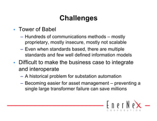 Challenges
•    Tower of Babel
     –  Hundreds of communications methods – mostly
        proprietary, mostly insecure, mostly not scalable
     –  Even when standards based, there are multiple
        standards and few well defined information models
•    Difficult to make the business case to integrate
     and interoperate
     –  A historical problem for substation automation
     –  Becoming easier for asset management – preventing a
        single large transformer failure can save millions
 