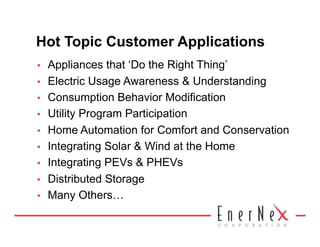 Hot Topic Customer Applications
•    Appliances that ‘Do the Right Thing’
•    Electric Usage Awareness & Understanding
•    Consumption Behavior Modification
•    Utility Program Participation
•    Home Automation for Comfort and Conservation
•    Integrating Solar & Wind at the Home
•    Integrating PEVs & PHEVs
•    Distributed Storage
•    Many Others…
 