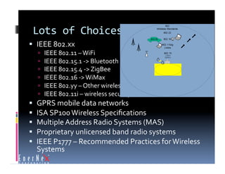 Lots of Choices 
  IEEE 802.xx 
         IEEE 802.11 – WiFi  
         IEEE 802.15.1 ‐> Bluetooth 
         IEEE 802.15.4 ‐> ZigBee 
         IEEE 802.16 ‐> WiMax 
         IEEE 802.yy – Other wireless 
         IEEE 802.11i – wireless security 
    GPRS mobile data networks 
    ISA SP100 Wireless Speciﬁcations 
    Multiple Address Radio Systems (MAS) 
    Proprietary unlicensed band radio systems 
    IEEE P1777 – Recommended Practices for Wireless 
     Systems 
 