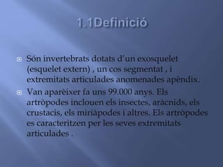  Són invertebrats dotats d’un exosquelet
(esquelet extern) , un cos segmentat , i
extremitats articulades anomenades apèndix.
 Van aparèixer fa uns 99.000 anys. Els
artròpodes inclouen els insectes, aràcnids, els
crustacis, els miriàpodes i altres. Els artròpodes
es caracteritzen per les seves extremitats
articulades .
 