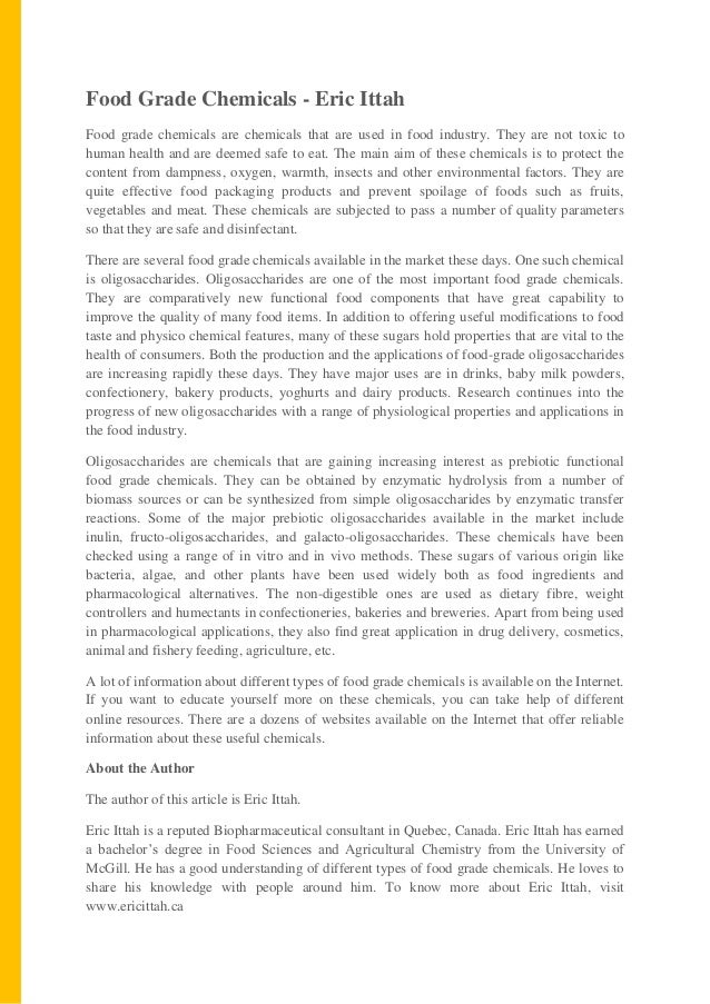 Eric Ittah Canada, Eric Ittah article Food Grade Chemicals by Eric Ittah