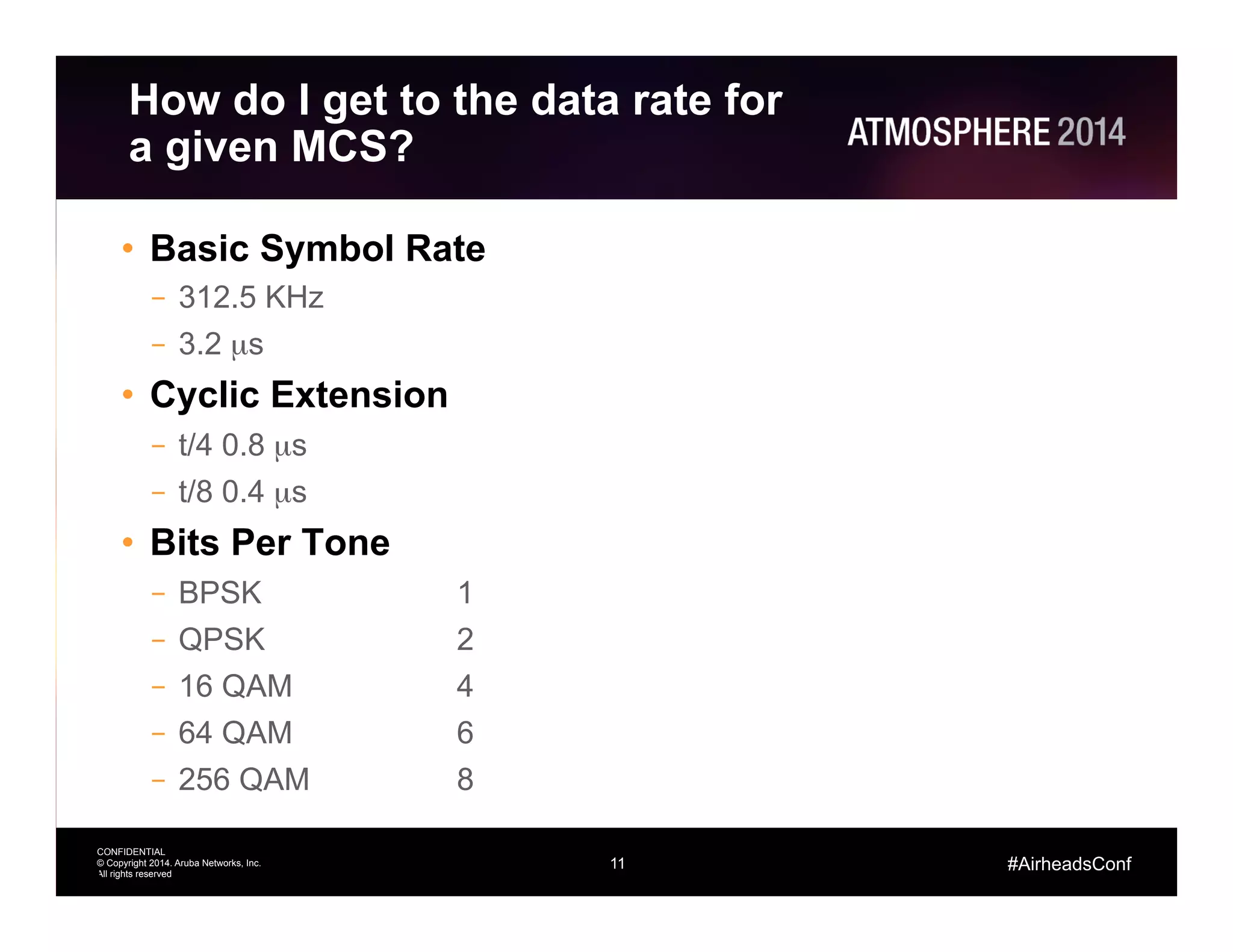 11
CONFIDENTIAL
© Copyright 2014. Aruba Networks, Inc.
All rights reserved
#AirheadsConf
How do I get to the data rate for
a given MCS?
•  Basic Symbol Rate
–  312.5 KHz
–  3.2 µs
•  Cyclic Extension
–  t/4 0.8 µs
–  t/8 0.4 µs
•  Bits Per Tone
–  BPSK 1
–  QPSK 2
–  16 QAM 4
–  64 QAM 6
–  256 QAM 8
11
 