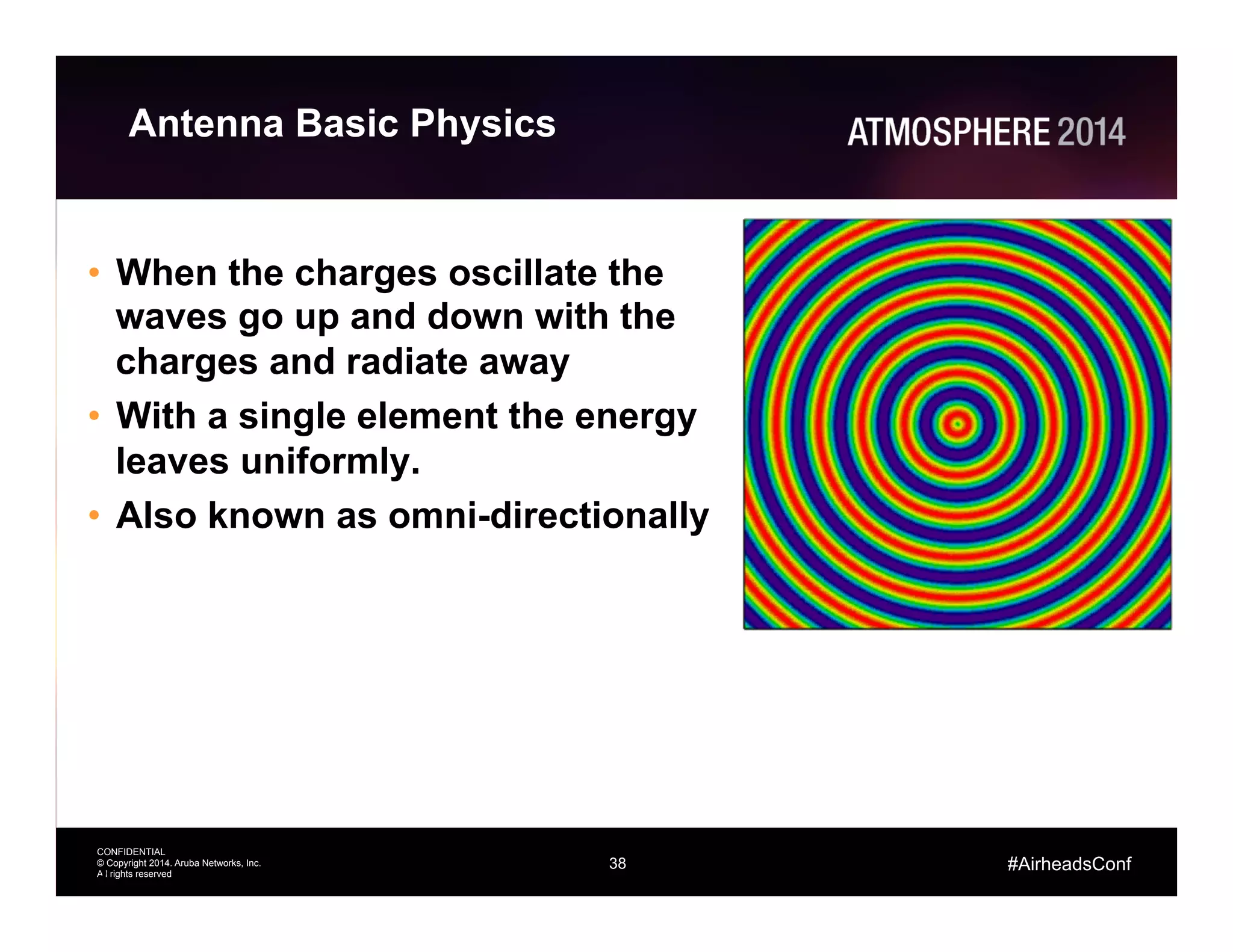 38
CONFIDENTIAL
© Copyright 2014. Aruba Networks, Inc.
All rights reserved
#AirheadsConf
Antenna Basic Physics
•  When the charges oscillate the
waves go up and down with the
charges and radiate away
•  With a single element the energy
leaves uniformly.
•  Also known as omni-directionally
38
 