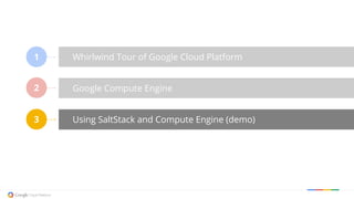 Whirlwind Tour of Google Cloud Platform
Google Compute Engine
Using SaltStack and Compute Engine (demo)
1
2
3
 
