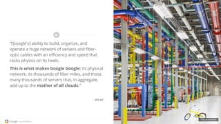 “[Google's] ability to build, organize, and
operate a huge network of servers and fiber-
optic cables with an efficiency and speed that
rocks physics on its heels.
This is what makes Google Google: its physical
network, its thousands of fiber miles, and those
many thousands of servers that, in aggregate,
add up to the mother of all clouds.”
- Wired
Images by Connie Zhou
 