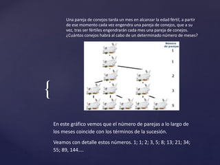 { 
Una pareja de conejos tarda un mes en alcanzar la edad fértil, a partir 
de ese momento cada vez engendra una pareja de conejos, que a su 
vez, tras ser fértiles engendrarán cada mes una pareja de conejos. 
¿Cuántos conejos habrá al cabo de un determinado número de meses? 
En este gráfico vemos que el número de parejas a lo largo de 
los meses coincide con los términos de la sucesión. 
Veamos con detalle estos números. 1; 1; 2; 3, 5; 8; 13; 21; 34; 
55; 89, 144.... 
 