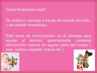Canal Kinestesico-tactil:
Se recibe el mensaje a través del sentido del tacto
y del sentido kinestésico.
Este canal de comunicación es el utilizado para
ayudar al alumno, generalmente mediante
intervención manual en alguna parte del cuerpo (
pies, cadera, espalda, brazos etc.)
 