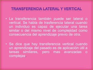 • La transferencia también puede ser lateral o
vertical. Se habla de trasferencia lateral cuando
un individuo es capaz de ejecutar una tarea
similar o del mismo nivel de complejidad como
consecuencia del aprendizaje previo de otra.
• Se dice que hay transferencia vertical cuando
un aprendizaje del pasado es de aplicación útil a
tareas similares, pero mas avanzadas o
complejas.
 