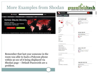 More Examples from Shodan 
Remember that last year someone in the 
room was able to hack a Polycom phone 
within 30 sec of it being displayed via 
Shodan page – Default Passwords are a 
problem. 
 