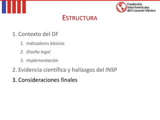 1. Contexto del DF
1. Indicadores básicos
2. Diseño legal
3. Implementación
2. Evidencia científica y hallazgos del INSP
3. Consideraciones finales
ESTRUCTURA
 