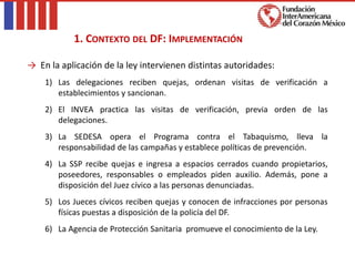 → En la aplicación de la ley intervienen distintas autoridades:
1) Las delegaciones reciben quejas, ordenan visitas de verificación a
establecimientos y sancionan.
2) El INVEA practica las visitas de verificación, previa orden de las
delegaciones.
3) La SEDESA opera el Programa contra el Tabaquismo, lleva la
responsabilidad de las campañas y establece políticas de prevención.
4) La SSP recibe quejas e ingresa a espacios cerrados cuando propietarios,
poseedores, responsables o empleados piden auxilio. Además, pone a
disposición del Juez cívico a las personas denunciadas.
5) Los Jueces cívicos reciben quejas y conocen de infracciones por personas
físicas puestas a disposición de la policía del DF.
6) La Agencia de Protección Sanitaria promueve el conocimiento de la Ley.
1. CONTEXTO DEL DF: IMPLEMENTACIÓN
 