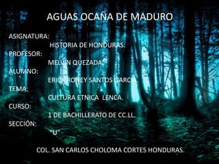 AGUAS OCAÑA DE MADURO
ASIGNATURA:
HISTORIA DE HONDURAS.
PROFESOR:
MELVIN QUEZADA.
ALUMNO:
ERICK RONEY SANTOS GARCIA.
TEMA:
CULTURA ETNICA LENCA.
CURSO:
1 DE BACHILLERATO DE CC.LL.
SECCIÓN:
“U”
COL. SAN CARLOS CHOLOMA CORTES HONDURAS.
 