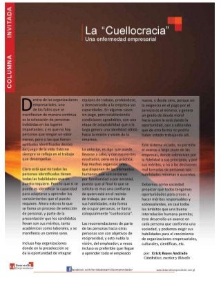 Erick Reyes Andrade, La Cuellocracia, una enfermedad empresarial, Abril 2014, revista Desarrollo Emprendedor