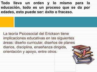 Todo lleva un orden y lo mismo para la 
educación, todo es un proceso que se da por 
edades, esto puede ser: éxito o fracaso. 
La teoría Psicosocial del Erickson tiene 
implicaciones educativas en las siguientes 
áreas: diseño curricular, diseños de planes 
diarios, disciplina, enseñanza dirigida, 
orientación y apoyo, entre otros. 
 