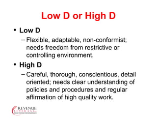 Low D or High D Low D  Flexible, adaptable, non-conformist; needs freedom from restrictive or controlling environment. High D  Careful, thorough, conscientious, detail oriented; needs clear understanding of policies and procedures and regular affirmation of high quality work. 
