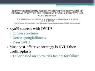 • <50% success with DVIU4
▫ Longer strictures
▫ Dense spongiofibrosis
▫ Prior DVIU
• Most cost-effective strategy is DVIU then
urethroplasty
▫ Tailor based on above risk factors for failure
 