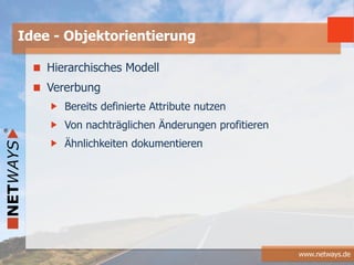 www.netways.de
Hierarchisches Modell
Vererbung
Bereits definierte Attribute nutzen
Von nachträglichen Änderungen profitieren
Ähnlichkeiten dokumentieren
Idee - Objektorientierung
 