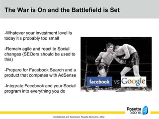 The War is On and the Battlefield is Set


-Whatever your investment level is
today it’s probably too small

-Remain agile and react to Social
changes (SEOers should be used to
this)

-Prepare for Facebook Search and a
product that competes with AdSense

-Integrate Facebook and your Social
program into everything you do




                        Confidential and Restricted. Rosetta Stone Ltd. 2012
 