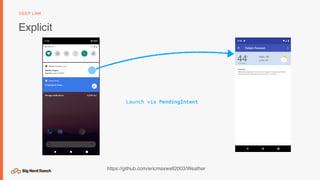 Explicit
DEEP LINK
Launch via PendingIntent
https://github.com/ericmaxwell2003/Weather
 