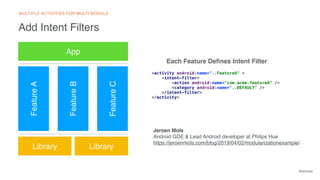 @emmax
Add Intent Filters
MULTIPLE ACTIVITIES FOR MULTI MODULE
Jeroen Mols
Android GDE & Lead Android developer at Philips Hue 
https://jeroenmols.com/blog/2019/04/02/modularizationexample/
FeatureB
FeatureA
FeatureC
App
Library Library
<activity android:name="..FeatureA" >
<intent-filter>
<action android:name="com.acme.featureA" />
<category android:name="..DEFAULT" />
</intent-filter>
</activity>
Each Feature Deﬁnes Intent Filter
 