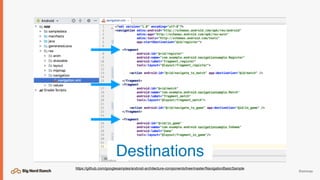 @emmax
https://github.com/googlesamples/android-architecture-components/tree/master/NavigationBasicSample
Destinations
 