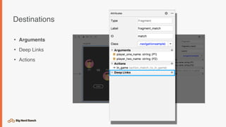Destinations
• Arguments
• Deep Links
• Actions
 