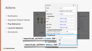 Actions
• Destination
• Argument Default Values
• Pop Behavior
• Launch Options
• Animations
Intent.FLAG_ACTIVITY_CLEAR_TOP
Intent.FLAG_ACTIVITY_SINGLE_TOP
 