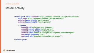 Inside Activity
HOSTING NAVIGATION
<FrameLayout xmlns:android="http://schemas.android.com/apk/res/android"
xmlns:app="http://schemas.android.com/apk/res-auto"
android:layout_width="match_parent"
android:layout_height="match_parent">
<fragment
android:id=“@+id/nav_host_fragment”
android:layout_width="match_parent"
android:layout_height="match_parent"
android:name="androidx.navigation.fragment.NavHostFragment"
app:defaultNavHost="true"
app:navGraph=“@navigation/navigation_graph”/>
</FrameLayout>
 