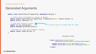 Generated Arguments
PASSING ARGUMENTS SAFELY
<fragment android:id=“@+id/weather_detail"
android:name="com.acme.weather.view.WeatherDetailFragment">
<argument android:name=“zip_code” app:argType=“string" />
<argument android:name="use_fahrenheit" app:argType="boolean" />
</fragment>
Navigation Graph
Access args as properties by type
public class WeatherDetailFragmentArgs implements NavArgs {
// Create Args from Bundle or output to Bundle
public static WeatherDetailFragmentArgs fromBundle(@NonNull Bundle bundle) {}
public Bundle toBundle() {}
// Type Safe Property Access
public String getZipCode()
public boolean getUseFahrenheit()
// Builder for type safe argument creation
public static class Builder {}
}
 