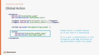 Global Action
CONDITIONAL NAVIGATION
<navigation ...
android:id="@+id/weather_graph"
app:startDestination="@id/weather_list">
<fragment android:id=“@+id/weather_list">...</fragment>
<fragment android:id="@+id/weather_detail">...</fragment>
<include app:graph="@navigation/login_graph" />
<action
android:id="@+id/action_global_login"
app:destination="@id/login_graph" />
</navigation>
Global Action is Global because 
it is not tied to a destination 
 
It is a peer to destinations in this 
navigation graph and accessible by 
any destination inside this graph
 