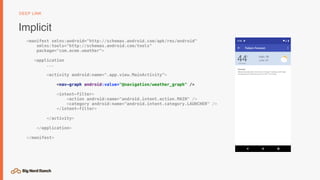 Implicit
DEEP LINK
<manifest xmlns:android="http://schemas.android.com/apk/res/android"
xmlns:tools="http://schemas.android.com/tools"
package="com.acme.weather">
<application
...
<activity android:name=".app.view.MainActivity">
<nav-graph android:value="@navigation/weather_graph" />
<intent-filter>
<action android:name="android.intent.action.MAIN" />
<category android:name="android.intent.category.LAUNCHER" />
</intent-filter>
</activity>
</application>
</manifest>
 