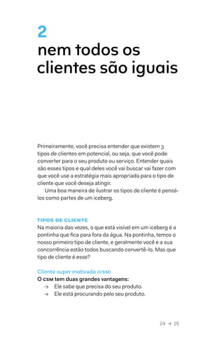 24  →  25
2
nem todos os
clientes são iguais
Primeiramente, você precisa entender que existem 3
tipos de clientes em potencial, ou seja, que você pode
converter para o seu produto ou serviço. Entender quais
são esses tipos e qual deles você vai buscar vai fazer com
que você use a estratégia mais apropriada para o tipo de
cliente que você deseja atingir.
Uma boa maneira de ilustrar os tipos de cliente é pensá-
los como partes de um iceberg.
tipos de cliente
Na maioria das vezes, o que está visível em um iceberg é a
pontinha que fica para fora da água. Na pontinha, temos o
nosso primeiro tipo de cliente, e geralmente você e a sua
concorrência estão todos buscando convertê-lo. Mas que
tipo de cliente é esse?
Cliente super motivado (csm)
O csm tem duas grandes vantagens:
→→ Ele sabe que precisa do seu produto.
→→ Ele está procurando pelo seu produto.
 