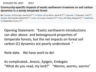 ECOLOGY 94: 2827 2013
Opening Statement: “Exotic earthworm introductions
can alter above- and belowground properties of
temperate forests, but the net impacts on forest soil
carbon (C) dynamics are poorly understood. “
Note date. We have work to do!
Its complicated…Anecic, Epigeic, Endogeic
“What do you read, my lord?” “Worms, worms, worms”
 