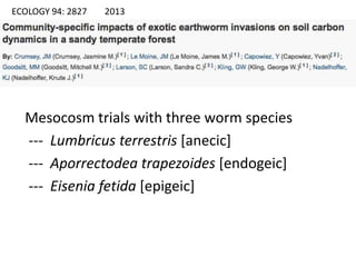 ECOLOGY 94: 2827 2013
Mesocosm trials with three worm species
--- Lumbricus terrestris [anecic]
--- Aporrectodea trapezoides [endogeic]
--- Eisenia fetida [epigeic]
 