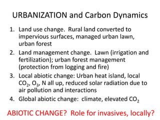 URBANIZATION and Carbon Dynamics
1. Land use change. Rural land converted to
impervious surfaces, managed urban lawn,
urban forest
2. Land management change. Lawn (irrigation and
fertilization); urban forest management
(protection from logging and fire)
3. Local abiotic change: Urban heat island, local
CO2, O3, N all up, reduced solar radiation due to
air pollution and interactions
4. Global abiotic change: climate, elevated CO2
ABIOTIC CHANGE? Role for invasives, locally?
 