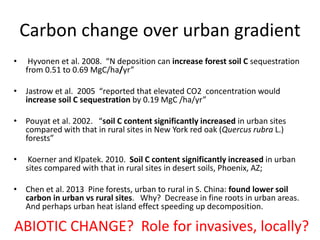 Carbon change over urban gradient
• Hyvonen et al. 2008. “N deposition can increase forest soil C sequestration
from 0.51 to 0.69 MgC/ha/yr”
• Jastrow et al. 2005 “reported that elevated CO2 concentration would
increase soil C sequestration by 0.19 MgC /ha/yr”
• Pouyat et al. 2002. “soil C content significantly increased in urban sites
compared with that in rural sites in New York red oak (Quercus rubra L.)
forests”
• Koerner and Klpatek. 2010. Soil C content significantly increased in urban
sites compared with that in rural sites in desert soils, Phoenix, AZ;
• Chen et al. 2013 Pine forests, urban to rural in S. China: found lower soil
carbon in urban vs rural sites. Why? Decrease in fine roots in urban areas.
And perhaps urban heat island effect speeding up decomposition.
ABIOTIC CHANGE? Role for invasives, locally?
 