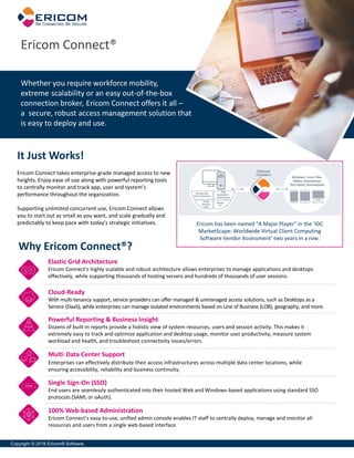 Copyright © 2018 Ericom® Software.
Ericom Connect®
Whether you require workforce mobility,
extreme scalability or an easy out-of-the-box
connection broker, Ericom Connect offers it all –
a secure, robust access management solution that
is easy to deploy and use.
It Just Works!
Ericom Connect takes enterprise-grade managed access to new
heights. Enjoy ease of use along with powerful reporting tools
to centrally monitor and track app, user and system’s
performance throughout the organization.
Supporting unlimited concurrent use, Ericom Connect allows
you to start out as small as you want, and scale gradually and
predictably to keep pace with today’s strategic initiatives.
Why Ericom Connect®?
Ericom has been named “A Major Player” in the ‘IDC
MarketScape: Worldwide Virtual Client Computing
Software Vendor Assessment’ two years in a row.
Elastic Grid Architecture
Ericom Connect’s highly scalable and robust architecture allows enterprises to manage applications and desktops
effectively, while supporting thousands of hosting servers and hundreds of thousands of user sessions.
****
Single Sign-On (SSO)
End users are seamlessly authenticated into their hosted Web and Windows-based applications using standard SSO
protocols (SAML or oAuth).
Cloud-Ready
With multi-tenancy support, service providers can offer managed & unmanaged access solutions, such as Desktops as a
Service (DaaS), while enterprises can manage isolated environments based on Line of Business (LOB), geography, and more.
Powerful Reporting & Business Insight
Dozens of built-in reports provide a holistic view of system resources, users and session activity. This makes it
extremely easy to track and optimize application and desktop usage, monitor user productivity, measure system
workload and health, and troubleshoot connectivity issues/errors.
Multi Data Center Support
Enterprises can effectively distribute their access infrastructures across multiple data center locations, while
ensuring accessibility, reliability and business continuity.
100% Web-based Administration
Ericom Connect’s easy-to-use, unified admin console enables IT staff to centrally deploy, manage and monitor all
resources and users from a single web-based interface.
 